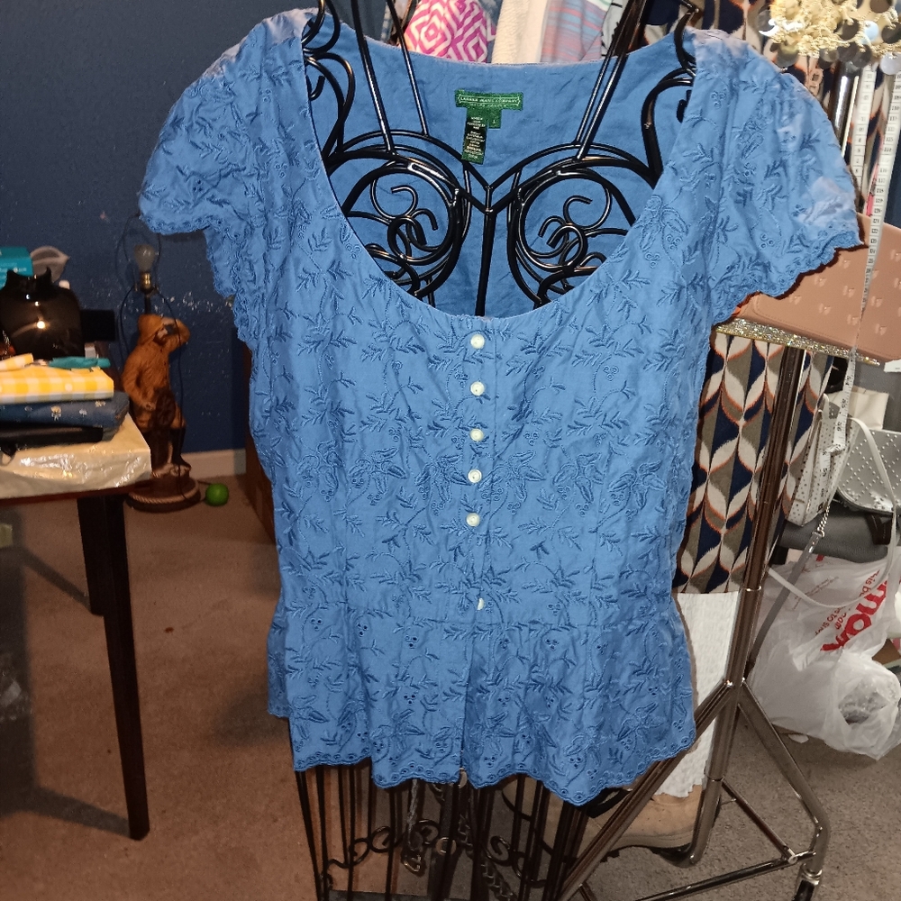 Euc Lauren Jeans By Ralph Lauren Blue Embroidered Eyelit Women's Top Sz L